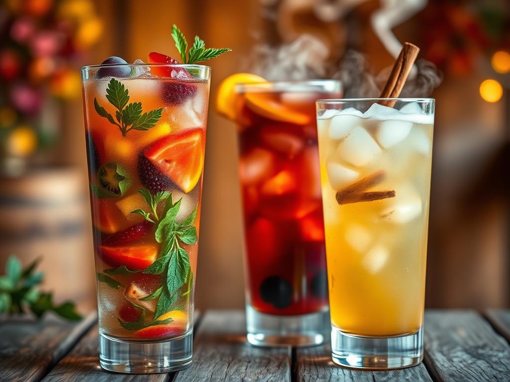 A vibrant, seasonal mocktail set against a warm, cozy backdrop. In the foreground, a tall glass filled with layers of colorful fruit, herbs, and ice - a refreshing summer cooler. In the middle ground, a similar glass, this time with steaming winter spices and a cinnamon stick garnish, a comforting winter warmer. The background shows a rustic wooden surface, perhaps a porch or patio, with hints of seasonal foliage and soft, diffused lighting casting a gentle glow. The overall mood is one of celebration, togetherness, and the joy of sharing delightful non-alcoholic beverages in any season.