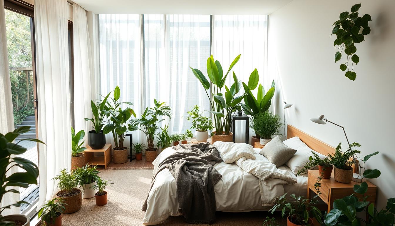 Japandi Bedroom with indoor plants