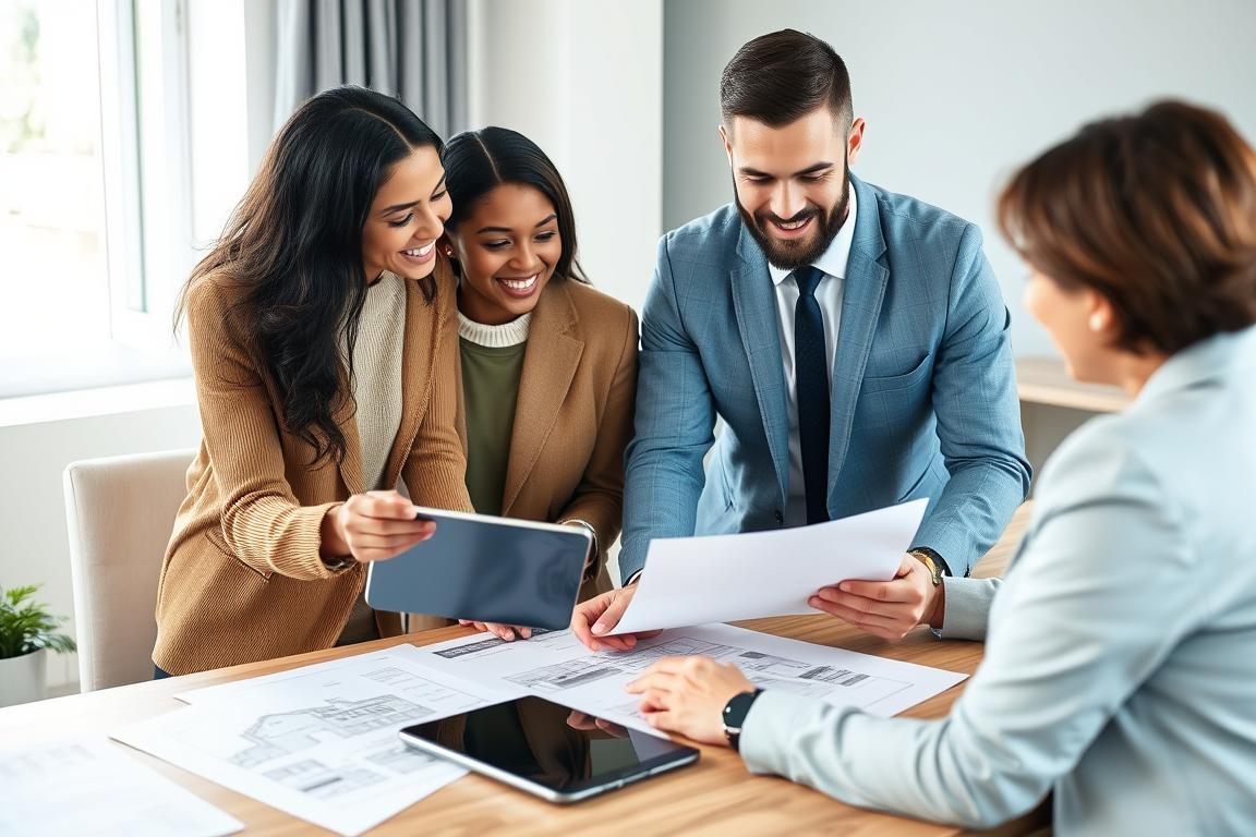 Couple reviewing property documents with real estate agent
