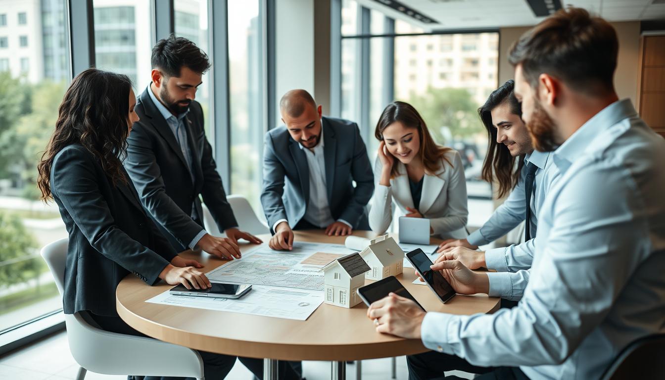 Diverse group of real estate professionals collaborating on property investment strategy