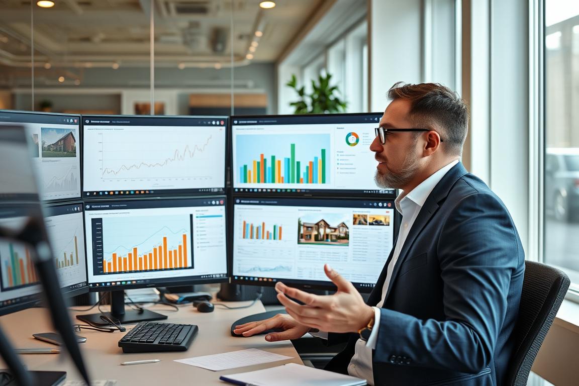 Real estate investor analyzing property data and market trends