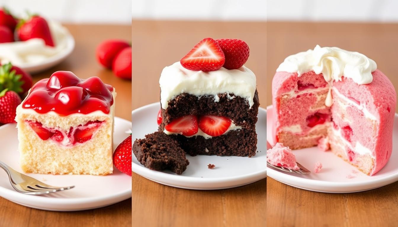 Three variations of strawberry poke cake side by side