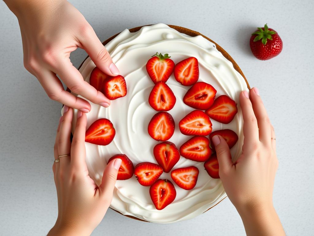 Adding fresh strawberry slices to top of the cake