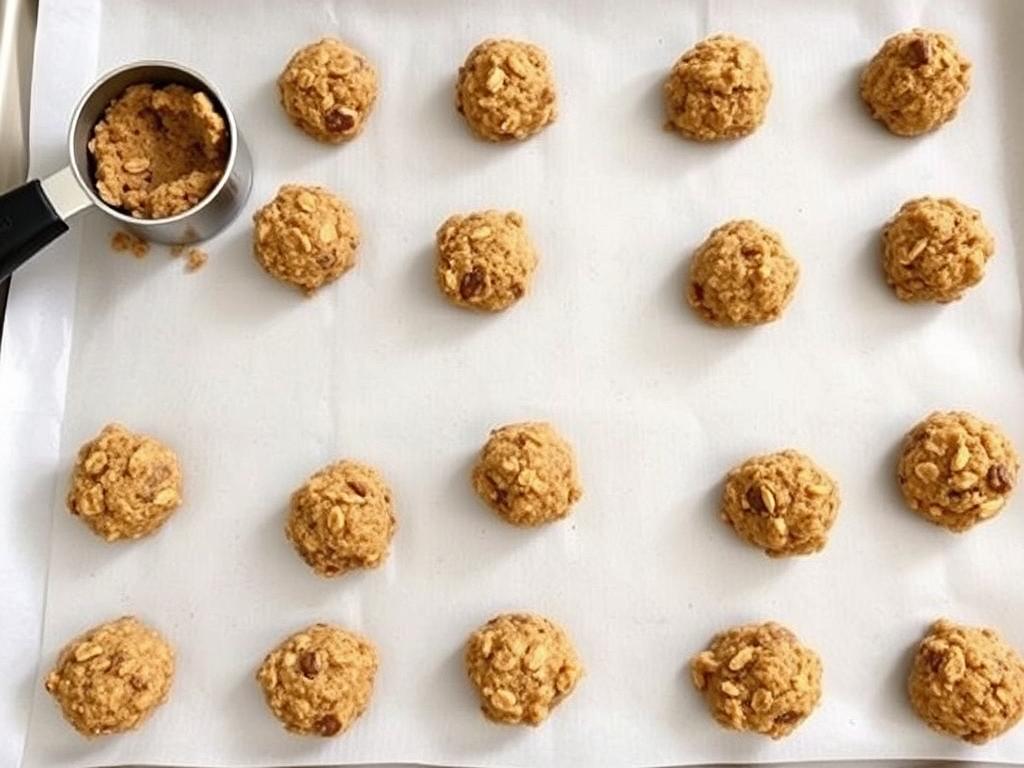 Scooped oatmeal cookie dough on a parchment-lined baking sheet
