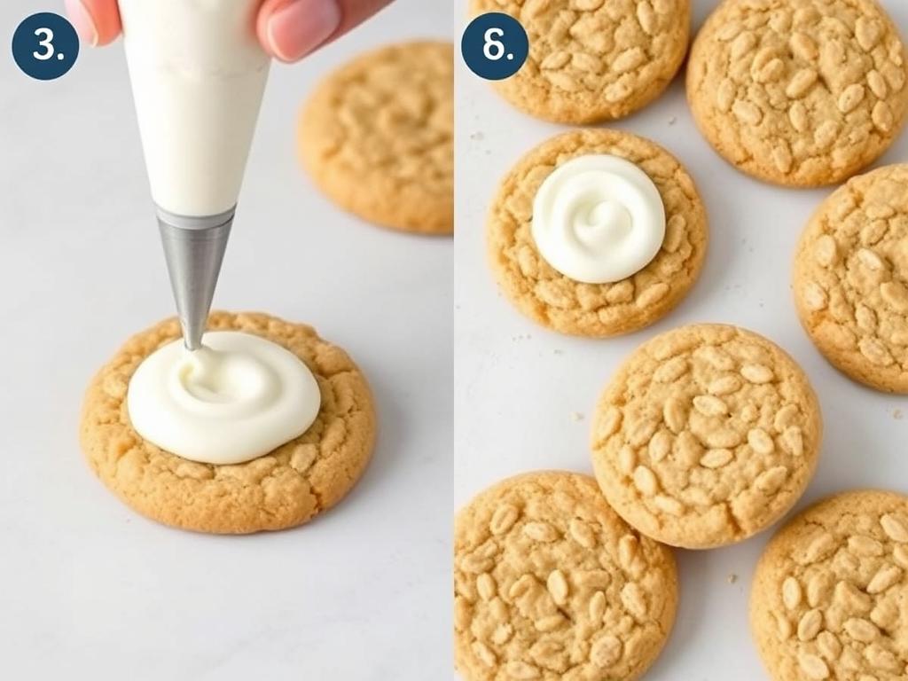 Assembling oatmeal cream pies by piping filling onto cookies