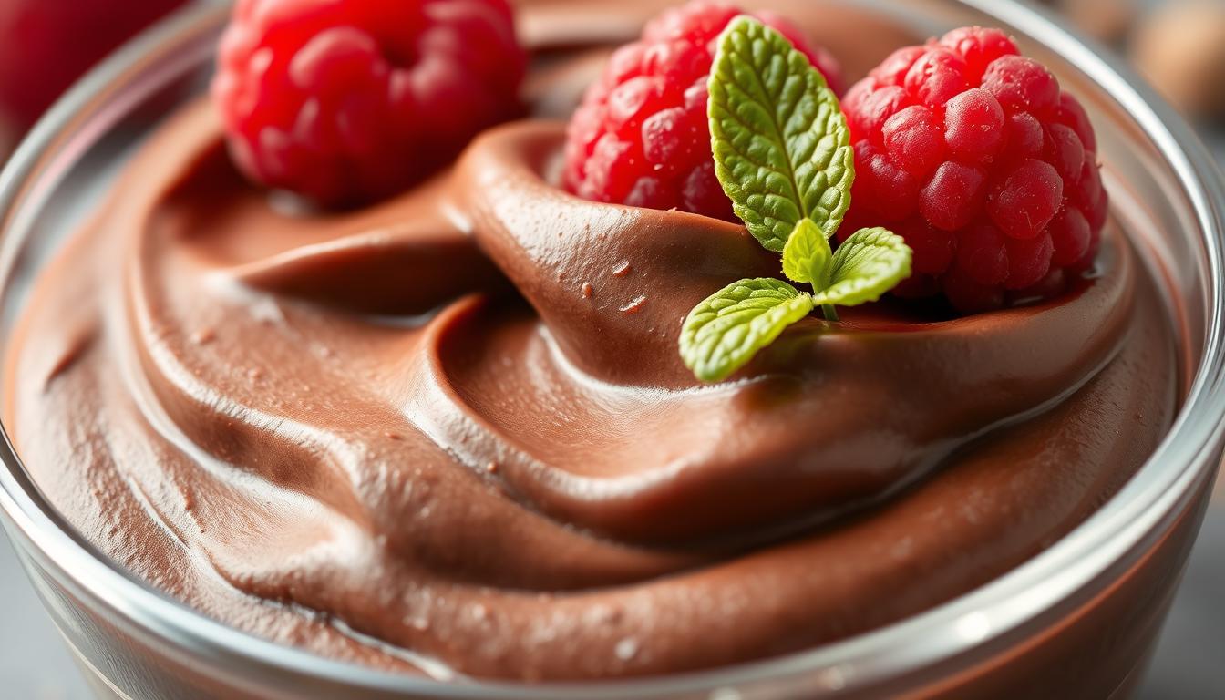 Creamy cottage cheese chocolate mousse topped with berries in a glass bowl