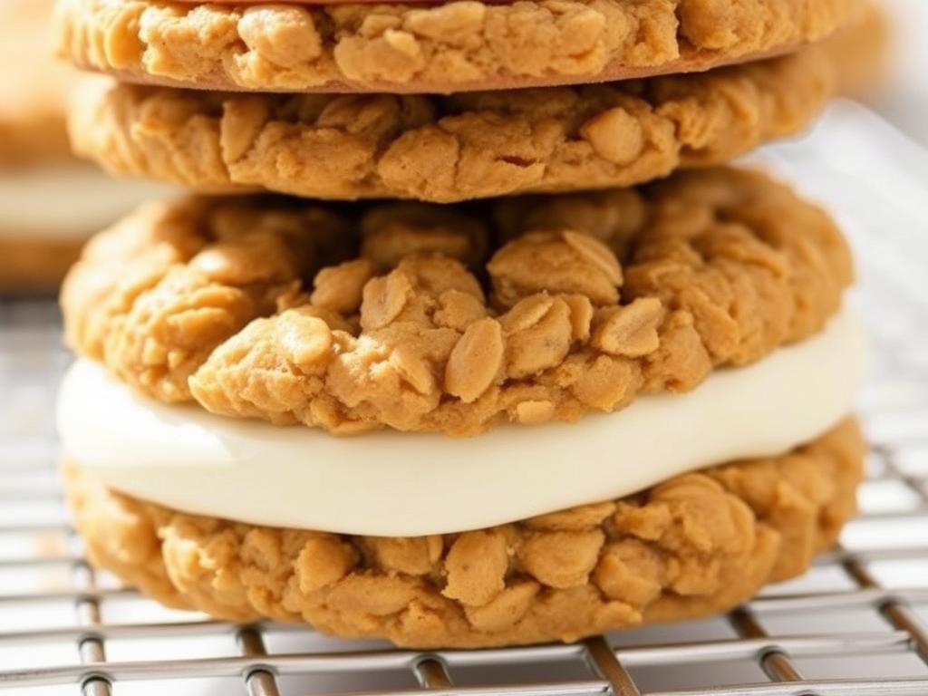 Stack of homemade oatmeal cream pies on a cooling rack