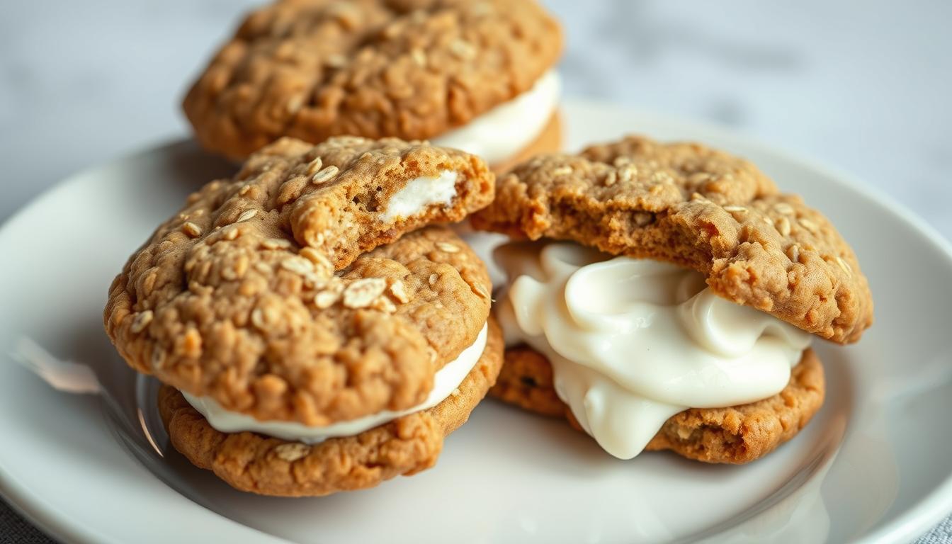 Homemade oatmeal cream pie with one cookie broken in half showing the marshmallow cream filling