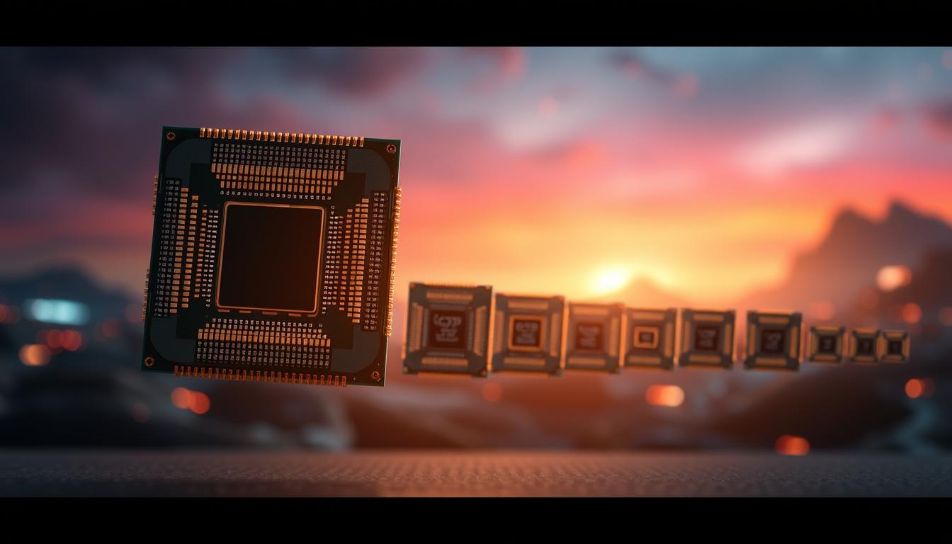 A meticulously rendered cross-section of the evolution of laptop processors, captured with cinematic lighting and depth of field. In the foreground, a sleek, contemporary mobile CPU hovers, its intricate silicon architecture and advanced cooling system on full display. In the middle ground, a timeline of previous generations cascades, each chip showcasing its distinct design and performance capabilities. The background fades into an abstract, tech-inspired landscape, hinting at the rapid advancements that have transformed the landscape of mobile computing over the decades. The overall scene conveys a sense of progress, innovation, and the relentless drive towards more powerful, efficient, and versatile laptop processors.