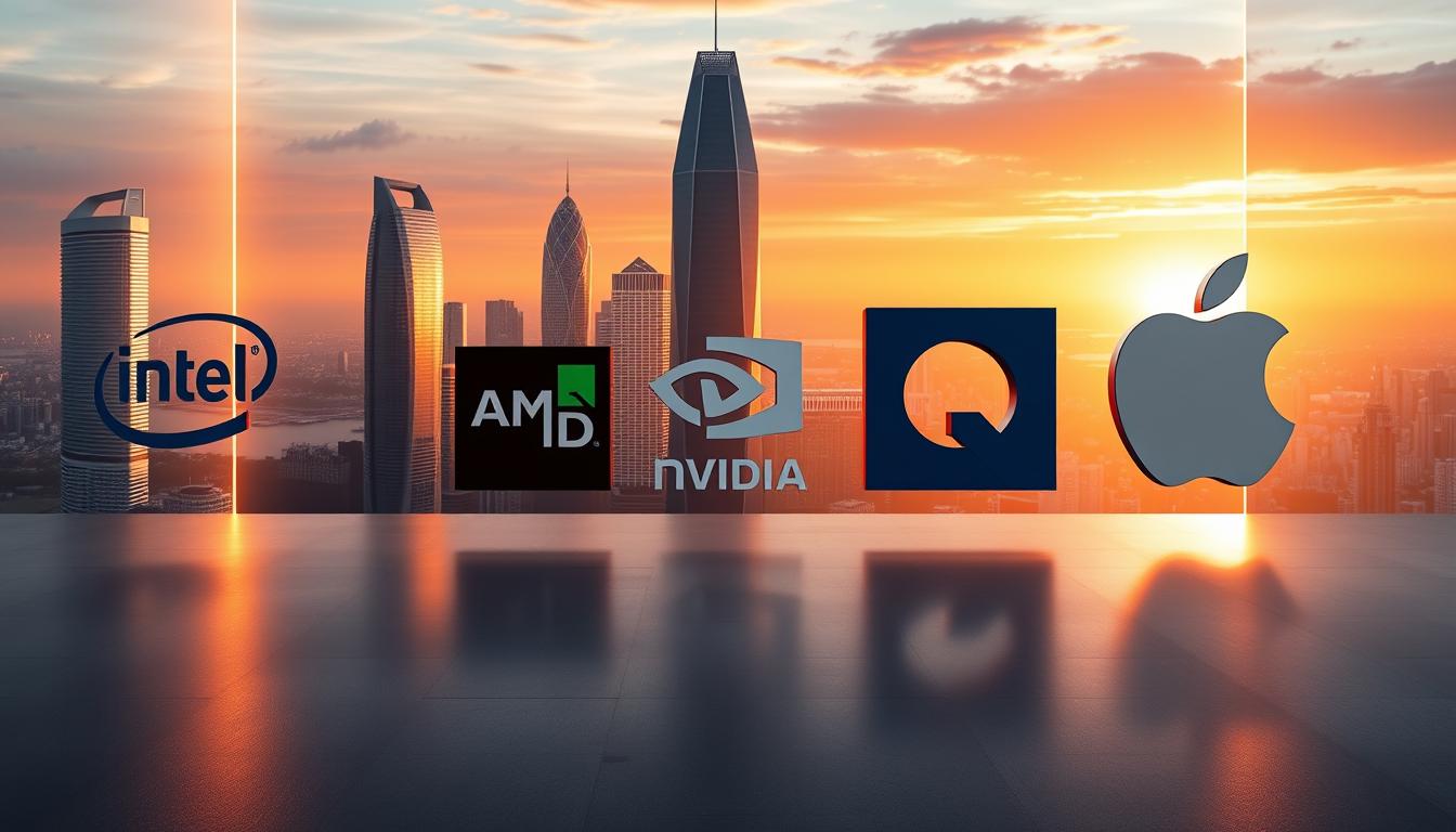 An ultra-realistic depiction of the major global processor manufacturers in 2025, showcased against a sleek, futuristic backdrop. In the foreground, the iconic logos of Intel, AMD, Nvidia, Qualcomm, and Apple float in a perfectly lit 3D space, casting long shadows and reflecting the latest advancements in chip design and fabrication. The middle ground features a panoramic cityscape of gleaming skyscrapers, representing the cutting-edge technology hubs where these industry titans are headquartered. In the distant background, a vivid sunset paints the sky with a warm, golden glow, symbolizing the bright future of the processor market. Crisp, high-resolution details, dramatic lighting, and a sense of scale and grandeur capture the power and influence of these leading chip manufacturers.