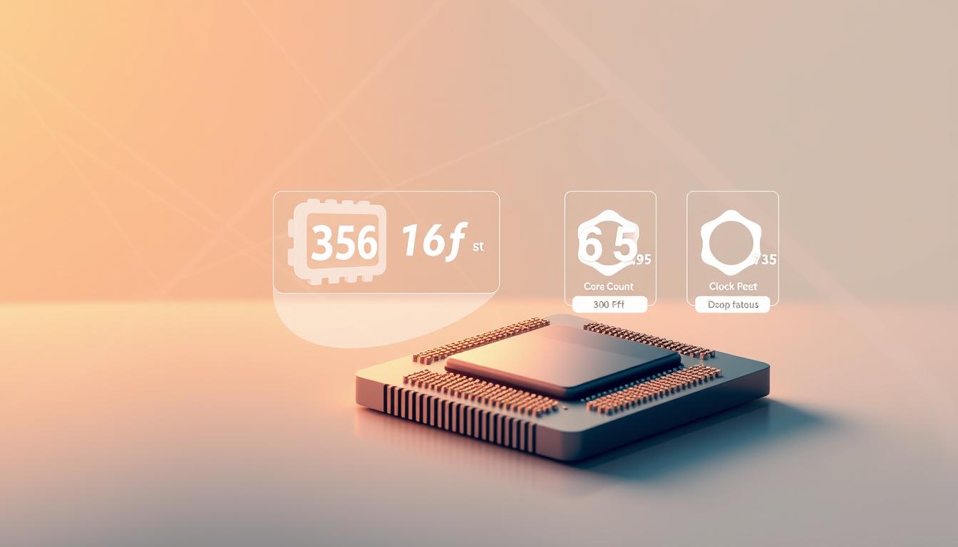 A sleek, minimalist illustration showcasing key processor specifications. In the foreground, a metallic CPU chip shimmers under warm, directional lighting, revealing intricate circuit details. In the middle ground, floating 3D graphics illustrate vital performance metrics like core count, clock speed, and cache size. The background features a clean, futuristic backdrop of intersecting lines and gradients, conveying a sense of technological sophistication. The overall composition is crisp, well-balanced, and designed to clearly communicate the essential information a reader would need to understand a processor's capabilities.