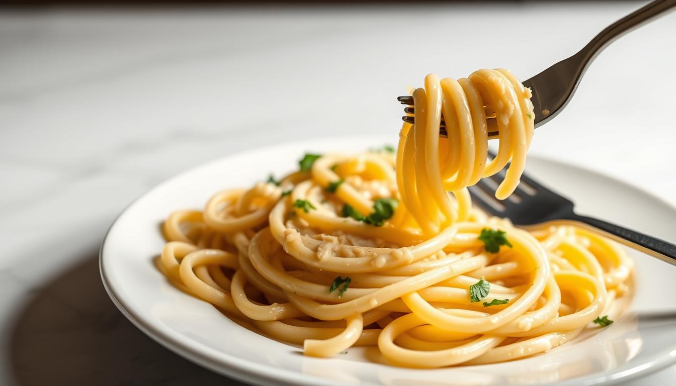 “A bowl of creamy garlic pasta ready in 5 minutes with Parmesan and parsley”