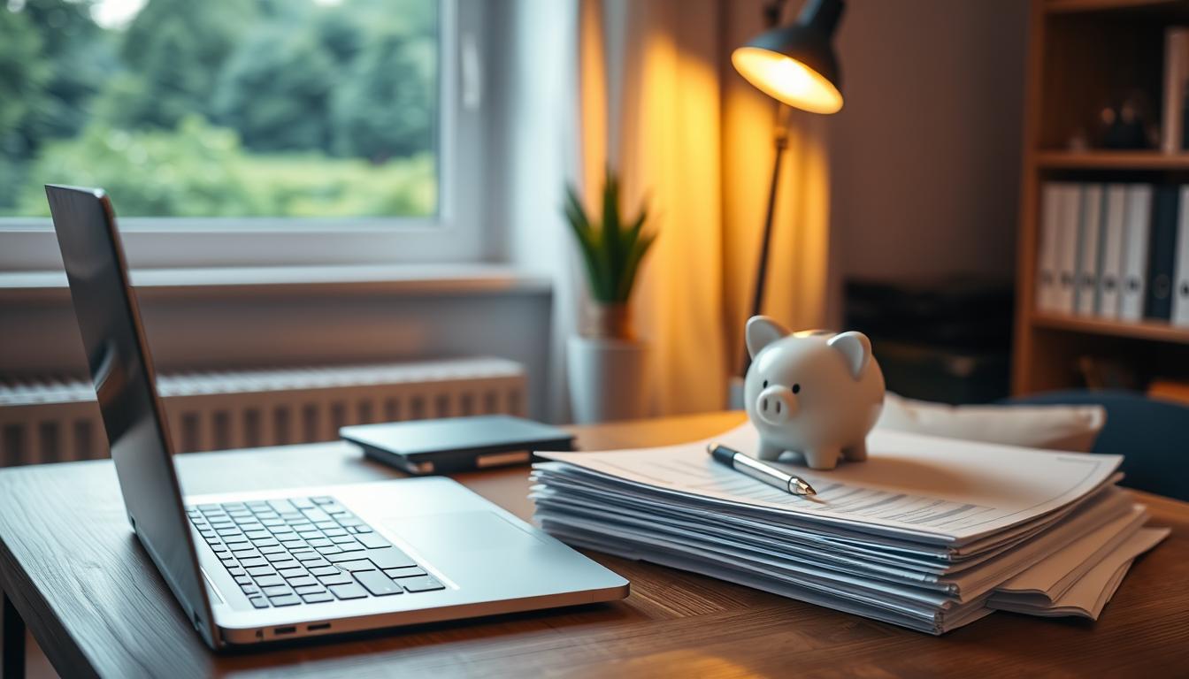 How can regular saving help you build a secure financial future? A tranquil home office setting with an open laptop, a stack of financial documents, a pen, and a piggy bank on a wooden desk. Soft, warm lighting illuminates the scene, creating a cozy and contemplative atmosphere. In the background, a window overlooks a lush, verdant landscape, symbolizing the long-term growth and stability associated with effective budgeting strategies. The overall composition conveys a sense of financial organization, diligence, and the potential for a secure financial future through disciplined saving.