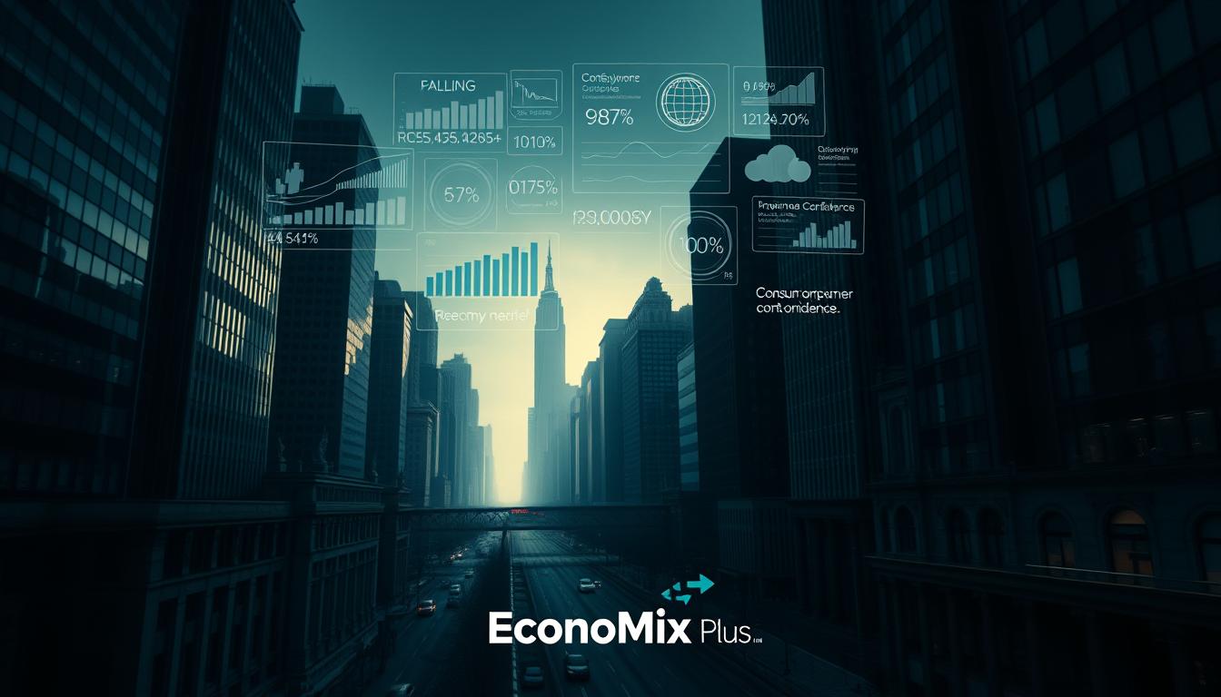 A wide-angle view of a dimly lit financial district, with tall skyscrapers casting long shadows across the streets below. In the foreground, a series of infographic-style data visualizations hover in the air, depicting various recession indicators like falling stock prices, rising unemployment rates, and declining consumer confidence. The EconoMix Plus logo is subtly displayed in the bottom corner. The scene has a somber, foreboding atmosphere, with a cool, bluish color palette and a sense of unease permeating the environment.