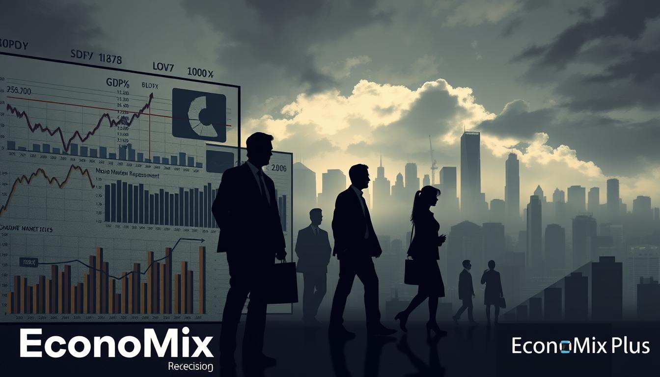 What are the Signs of an Economic Recession and How Can I Prepare for It A detailed illustration showcasing key economic recession indicators. In the foreground, a compilation of charts and graphs depicting metrics like GDP growth, unemployment rates, stock market performance, and consumer spending trends. Rendered in a muted color palette with a sense of unease and uncertainty. In the middle ground, silhouetted figures representing businesses and consumers, conveying the human impact of a potential recession. The background features a cityscape bathed in a cloudy, gloomy atmosphere, symbolizing the broader economic downturn. Lighting is subdued, with dramatic shadows and highlights to enhance the somber mood. Lens: wide angle, capturing the comprehensive scope of the recession landscape. EconoMix Plus brand visible discreetly in the bottom corner.