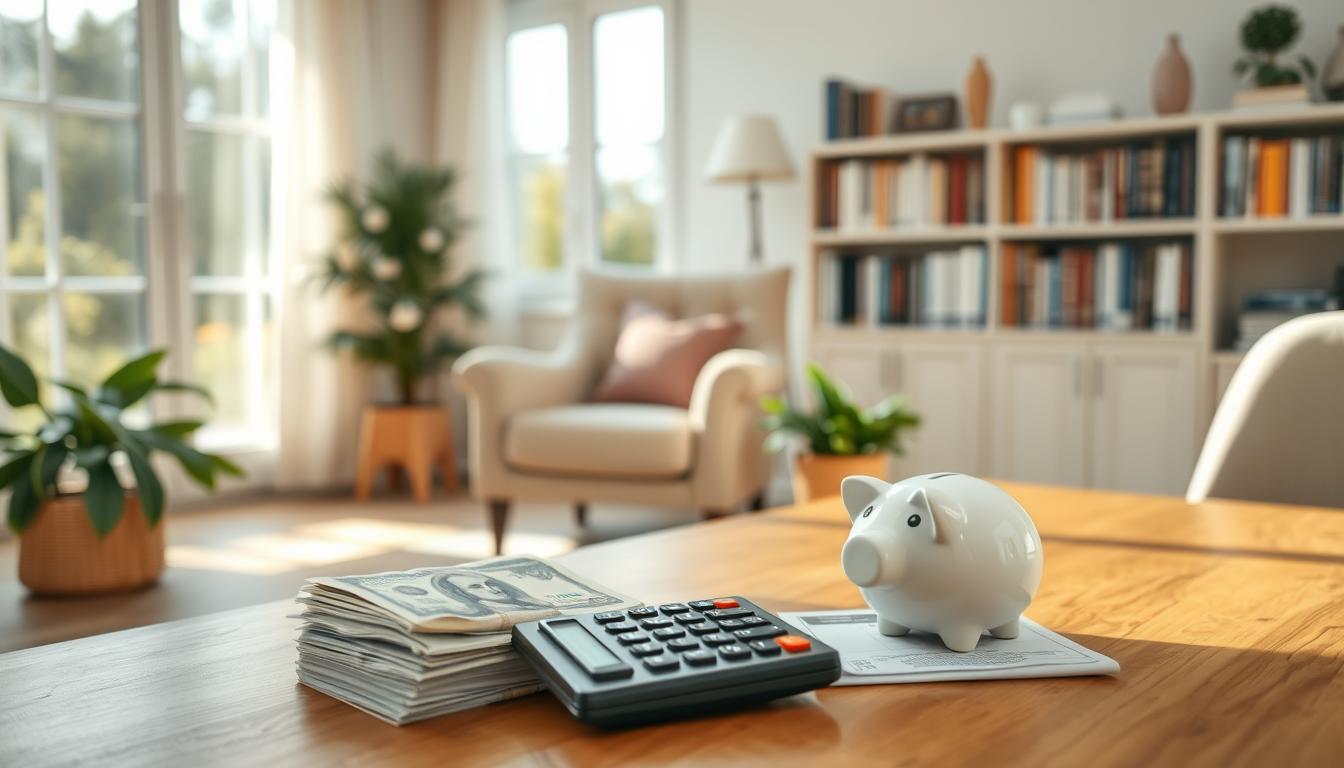 How can regular saving help you build a secure financial future? A serene home interior, soft natural lighting filtering in through large windows. A wooden table in the foreground, atop it a stack of banknotes, a piggy bank, and a calculator - symbols of financial planning and security. In the middle ground, a cozy armchair and a potted plant, creating a sense of comfort and tranquility. The background features a bookshelf filled with financial guides and documents, hinting at the importance of education and organization in building an emergency fund. The overall mood is one of calm, stability, and a thoughtful approach to personal finance.