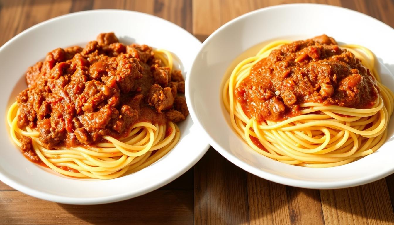 A crisp, high-resolution image depicting two plates of spaghetti bolognese, one made traditionally and the other using a Thermomix. The traditional bolognese has a deep, rich tomato sauce with visible chunks of ground beef, while the Thermomix version has a smooth, velvety texture. Placed side by side, the plates are illuminated by natural, soft lighting, emphasizing the contrasting colors and textures. The background is blurred, allowing the dishes to be the focal point. The image conveys a sense of culinary comparison, inviting the viewer to appreciate the subtle differences in flavor and preparation between the two methods.