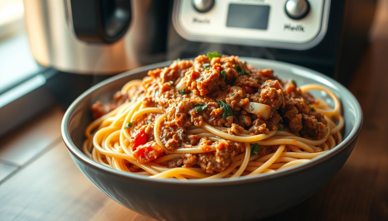 A close-up shot of a steaming bowl of spaghetti bolognese, prepared with a Thermomix kitchen appliance. The sauce is rich and thick, with ground beef, tomatoes, onions, and herbs blended to perfection. The spaghetti noodles are al dente, glistening with the flavorful sauce. The scene is illuminated by soft, warm lighting, casting a cozy and inviting atmosphere. The bowl is placed on a wooden table, with a minimal, clean background allowing the dish to be the focal point. The image should convey the ease and convenience of using a Thermomix to create a delicious, homemade bolognese sauce.