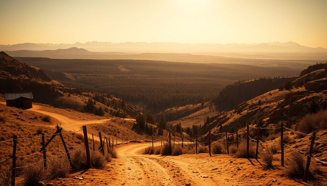 A vast, sprawling landscape of the American frontier in the early 20th century. In the foreground, a dusty trail winds through rugged, sun-drenched hills and canyons. Weathered wooden buildings and hitching posts dot the scene, hinting at the frontier towns that dot the region. In the middle ground, a dense, verdant forest rises up, the canopy casting dappled shadows across the scene. In the distant background, a range of snow-capped mountains pierce the horizon, their peaks glowing under the warm, golden light of the setting sun. The overall mood is one of isolation, adventure, and the untamed spirit of the American West.