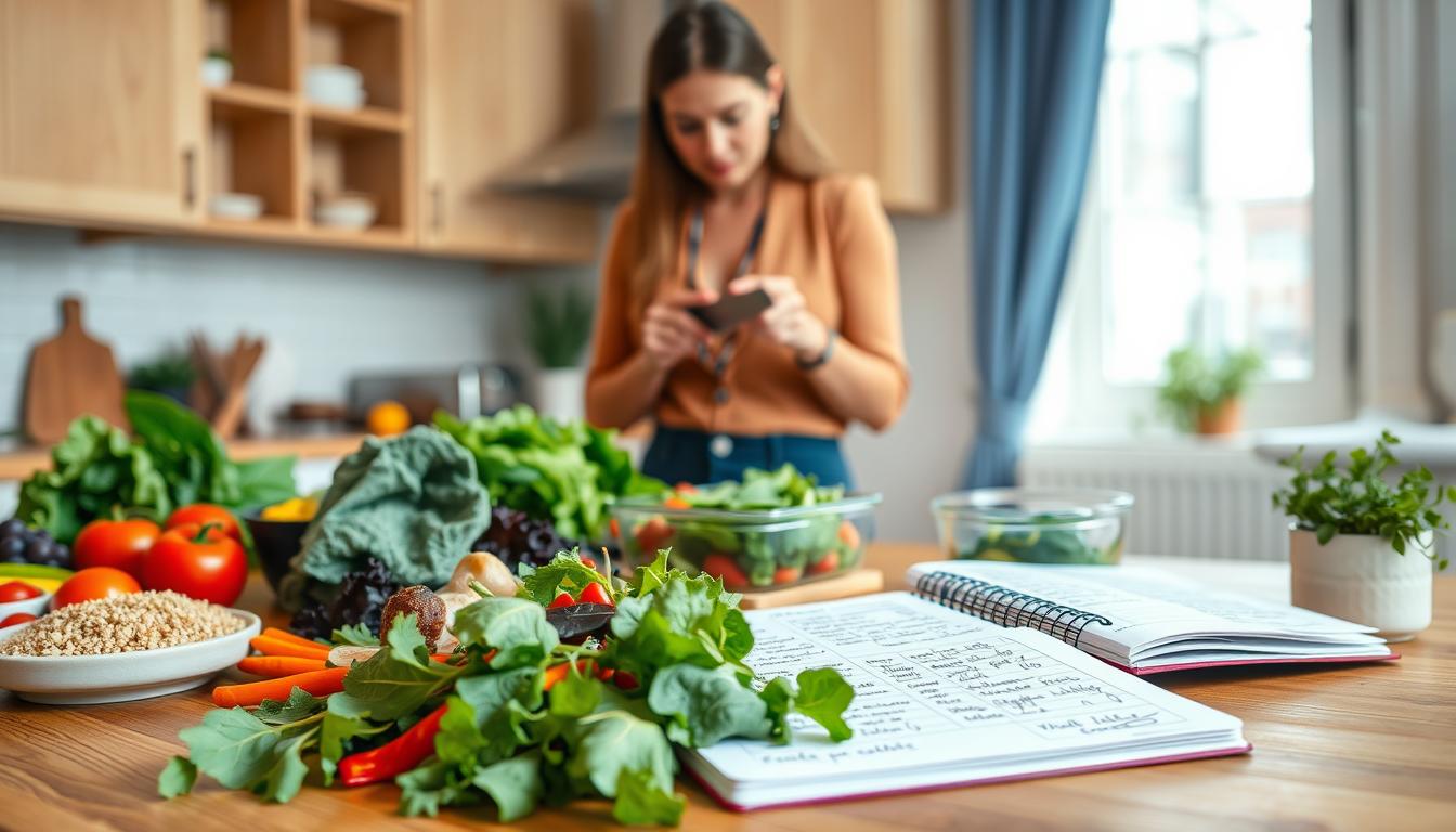 A vibrant and inviting kitchen scene showcasing daily healthy meal planning. In the foreground, a wooden dining table is filled with fresh, colorful ingredients: leafy greens, vibrant vegetables, whole grains, and lean proteins, artfully arranged. A well-used planner with handwritten notes and meal ideas lies open next to a meal prep container. In the middle ground, a person dressed in professional casual attire is thoughtfully chopping vegetables, exuding focus and determination. The background features bright, airy kitchen cabinets and a window that lets in soft, natural light, enhancing the cheerful atmosphere of the space. A potted herb plant adds a touch of greenery, symbolizing freshness and health. The overall mood is inspiring and motivating, emphasizing the importance of healthy meal planning.