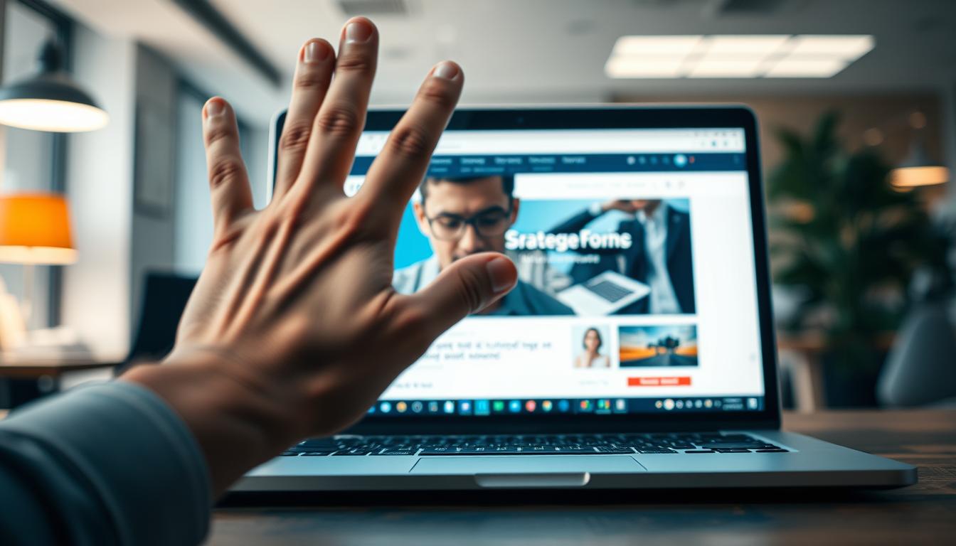 A visually engaging scene depicting "Strategies Against Banner Blindness". In the foreground, a laptop screen displays an online advertisement banner, partially obscured by a person's hand strategically placed to block it from view. The middle ground showcases a person actively ignoring the banner, their gaze focused elsewhere on the webpage. The background features a subtly lit office environment, hinting at the broader context of digital marketing and user behavior. Captured with a Sony A7R IV at 70mm, the image is sharply defined, with a polarized filter lending a crisp, high-contrast look. The overall mood conveys a sense of intentional, deliberate avoidance of banner advertising.