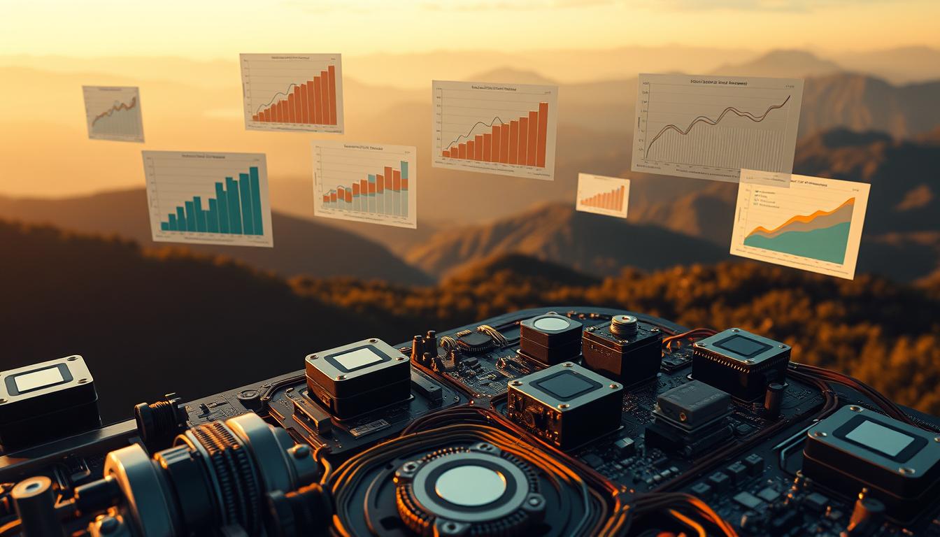 A high-resolution aerial shot of a diverse set of case studies on amplification rates, captured with a Sony A7R IV and a 70mm lens using a polarized filter. The scene depicts various charts, graphs, and data visualizations floating above a serene landscape, bathed in warm, diffused lighting. The middle ground features intricate mechanical components and circuit boards, while the background showcases a majestic mountain range. The overall composition conveys a sense of scientific inquiry, technological innovation, and the interconnectedness of natural and artificial systems.