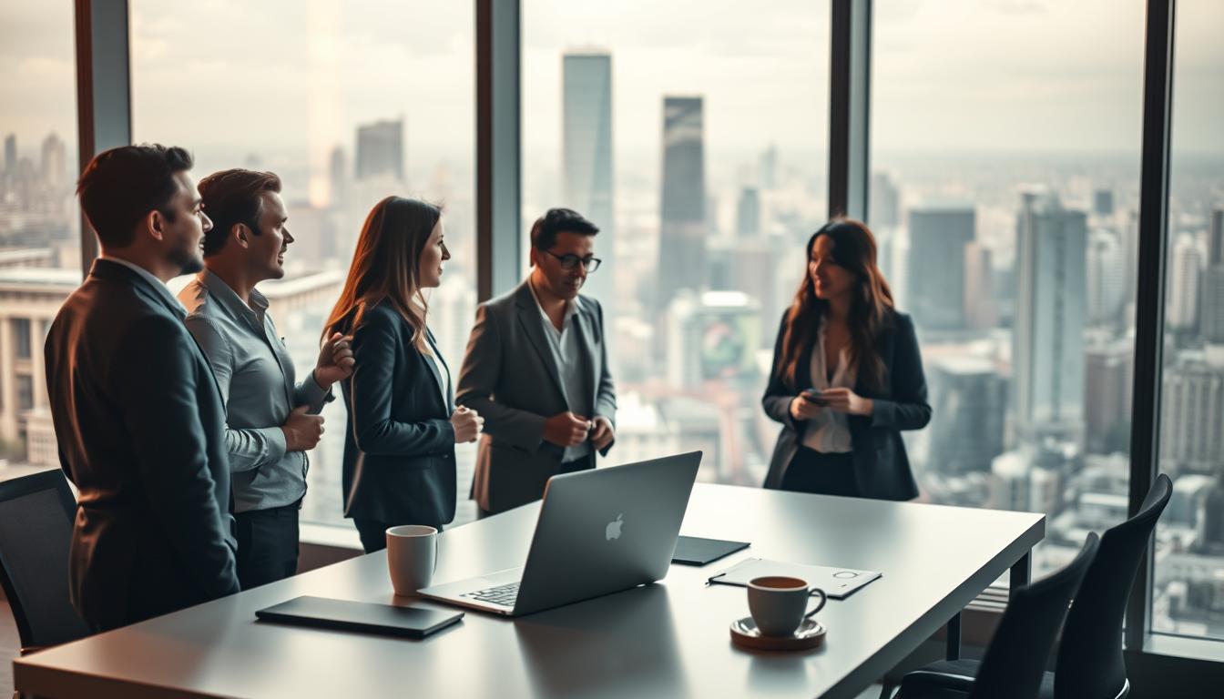A modern office space with a large window overlooking a bustling city skyline. In the foreground, a group of professionals engaged in a lively discussion, their body language and facial expressions conveying a sense of connection and collaboration. In the middle ground, a sleek, minimalist desk with a laptop, notes, and a cup of coffee, symbolizing the tools of the trade. The background is filled with abstract shapes and patterns, suggesting the complex web of customer relationships and brand loyalty. Warm, diffused lighting casts a soft glow, creating an atmosphere of professionalism and innovation. The overall scene reflects the power of affinity marketing to build strong, lasting connections between a brand and its customers.