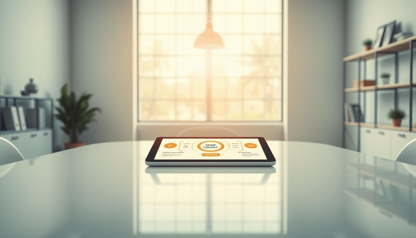 Sleek and modern office workspace with a large, glossy white desk at the center. On the desk, a tablet displaying a stylized diagram of the "Gated Content" creation process, with different sections and interactive elements. Overhead, a large window lets in natural light, casting a warm glow over the scene. In the background, minimalist shelves hold reference materials and decorative plants. The overall atmosphere is one of professionalism, productivity, and a touch of creativity - reflecting the process of "Wie du Gated Content erstellst".