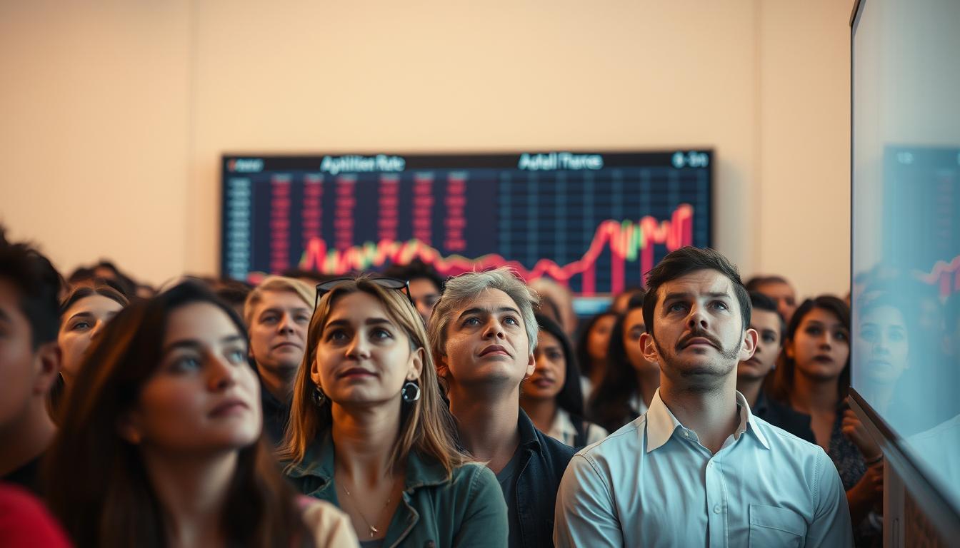 A diverse crowd of people captivated by a large digital display, their expressions reflecting the amplification rate's impact. In the foreground, a group of attentive onlookers, their faces illuminated by the screen's glow, their body language engaged. In the middle ground, a mix of enthusiastic and pensive individuals, their reactions capturing the dynamics of the data visualization. The background features a minimalist setting, allowing the audience's behavior to take center stage, shot on a Sony A7R IV with a 70mm lens, using a polarized filter for crisp, defined details.