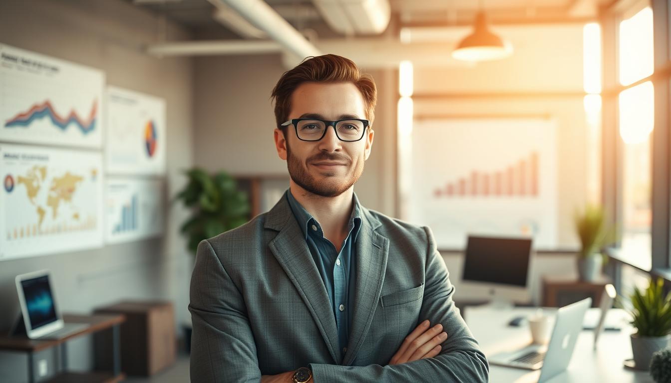 A professional business person standing confidently in a modern office, surrounded by abstract data visualizations and charts on the walls, showcasing the power of content marketing to drive conversions. Warm, natural lighting from large windows illuminates the scene, creating a sense of productivity and success. The subject's expression conveys expertise and authority on the topic. Shallow depth of field keeps the focus on the person, while the background elements provide contextual details. Shot on a Sony A7R IV with a 70mm lens, using a polarized filter for clear, sharp definition.