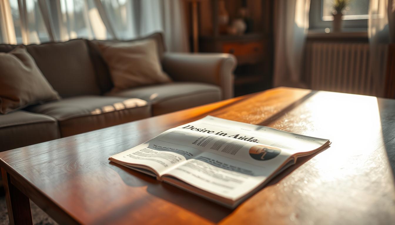 A serene living room scene, the warm afternoon sunlight filtering through sheer curtains, casting a soft glow. On a polished wooden coffee table, a magazine lies open, its pages revealing an article titled "Desire in AIDA: Wunsch hervorrufen". The image captures the essence of this psychological concept, inviting the viewer to explore the power of desire in consumer behavior. Shot on a Sony A7R IV with a 70mm lens, the scene is sharply defined, with a polarized filter enhancing the rich, vibrant colors. The overall mood is one of contemplation and inspiration, reflecting the depth of the subject matter.