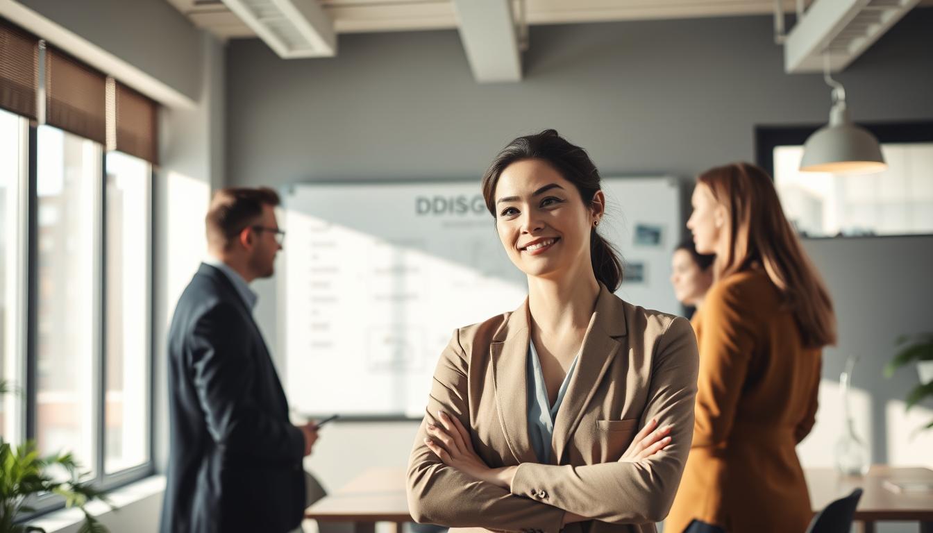 An office setting with a professional woman standing in the foreground, engaged in a lively discussion with her colleagues. The scene is shot on a Sony A7R IV with a 70mm lens, the lighting is natural and polarized, creating a crisp, defined atmosphere. In the background, a whiteboard displays the "DISG" framework, illustrating its practical application in the workplace. The mood is one of collaboration and productivity, reflecting the section title "DISG im Berufsleben anwenden".