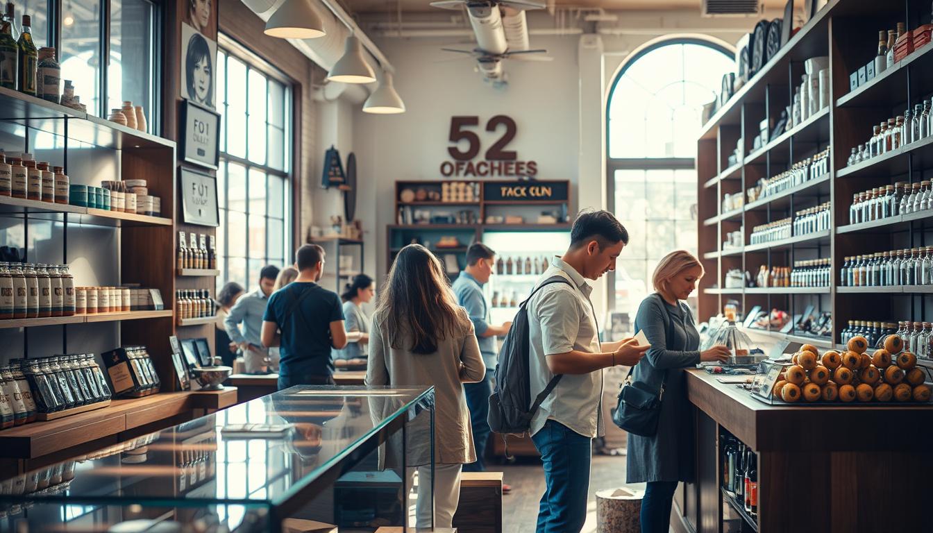 A bustling B2C retail environment, showcasing a wide array of products displayed on sleek wooden shelves and glass counters. Bright, natural lighting filters in through large windows, casting a warm, inviting glow over the scene. Customers peruse the selection, examining items with keen interest, as the shopkeeper attentively assists them. The overall atmosphere conveys a sense of direct engagement, personal service, and the satisfaction of making a purchase directly from the source. Shot on a Sony A7R IV with a 70mm lens, the image is sharply defined and uses a polarized filter to enhance the vibrancy of the scene.