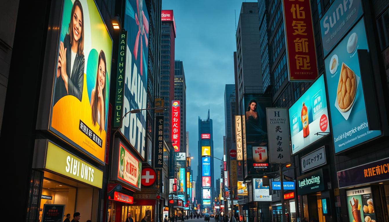 A bustling city street, illuminated by the warm glow of streetlights and neon signs, showcases a diverse array of outdoor advertisements. Towering billboards, colorful murals, and digital displays capture the attention of passersby. In the foreground, a well-defined storefront features a large, eye-catching sign that commands the viewer's focus. The middle ground is populated with a variety of signage, ranging from small posters to larger-than-life product promotions. In the background, the urban landscape recedes, revealing a vibrant, dynamic atmosphere. The scene is captured with a Sony A7R IV camera, utilizing a 70mm lens and a polarized filter, resulting in a sharply defined, high-contrast image that conveys the energy and vibrancy of public outdoor advertising.