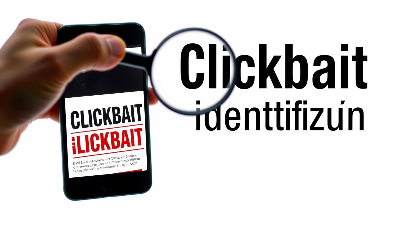 shot on sony A7R IV 70mm, clearly focused, sharply defined, polarized filter. A visually striking and detailed illustration of "Clickbait-Identifikation" on a plain white background. In the foreground, a hand holds a smartphone displaying a clickbait-style headline, with exaggerated colors and fonts to draw attention. In the middle ground, a magnifying glass hovers over the screen, emphasizing the act of scrutinizing and identifying the clickbait. The background is a minimalist solid white, keeping the focus on the central elements and their meaning. The overall composition conveys a sense of critical analysis and discernment, reflecting the concept of "Clickbait erkennen" (recognizing clickbait).