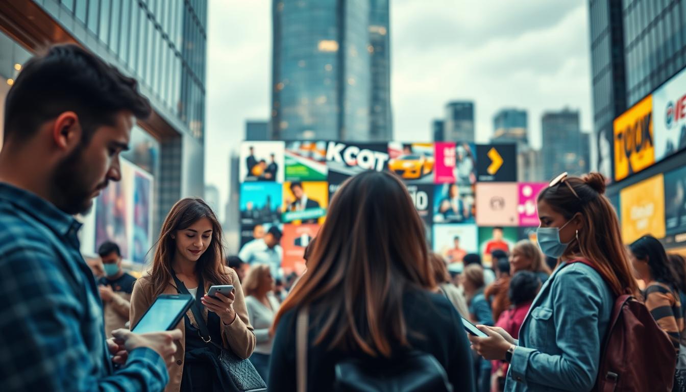 A vibrant and visually engaging display network audience, showcased in a compelling visual composition. In the foreground, a diverse group of individuals representing the target demographics - young professionals, tech-savvy consumers, and families - all interacting with digital devices and displays. In the middle ground, a grid of various digital ad formats and placements, each delivering engaging and personalized content. In the background, a sleek and modern cityscape, reflecting the urban, connected nature of the display network. Captured with a Sony A7R IV 70mm lens, the image is sharply defined, with a polarized filter enhancing the vivid colors and contrasts. The overall mood is one of dynamism, efficiency, and the power of targeted digital advertising.