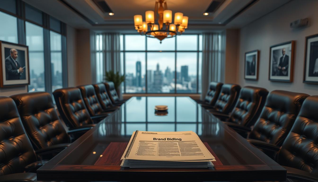 A corporate boardroom, the centerpiece a gleaming polished table surrounded by high-backed leather chairs. Overhead, a modern chandelier casts a warm glow, casting dramatic shadows across the room. On the table, a stack of documents labeled "Richtlinien Brand Bidding" lies prominently displayed, underscoring the gravity of the topic at hand. The walls are adorned with framed artwork, lending an air of sophistication. Through the panoramic windows, the cityscape beyond is visible, a testament to the high-stakes world of brand management. The mood is one of serious deliberation, as key stakeholders pore over the guidelines that will shape the future of their brand's advertising strategy.