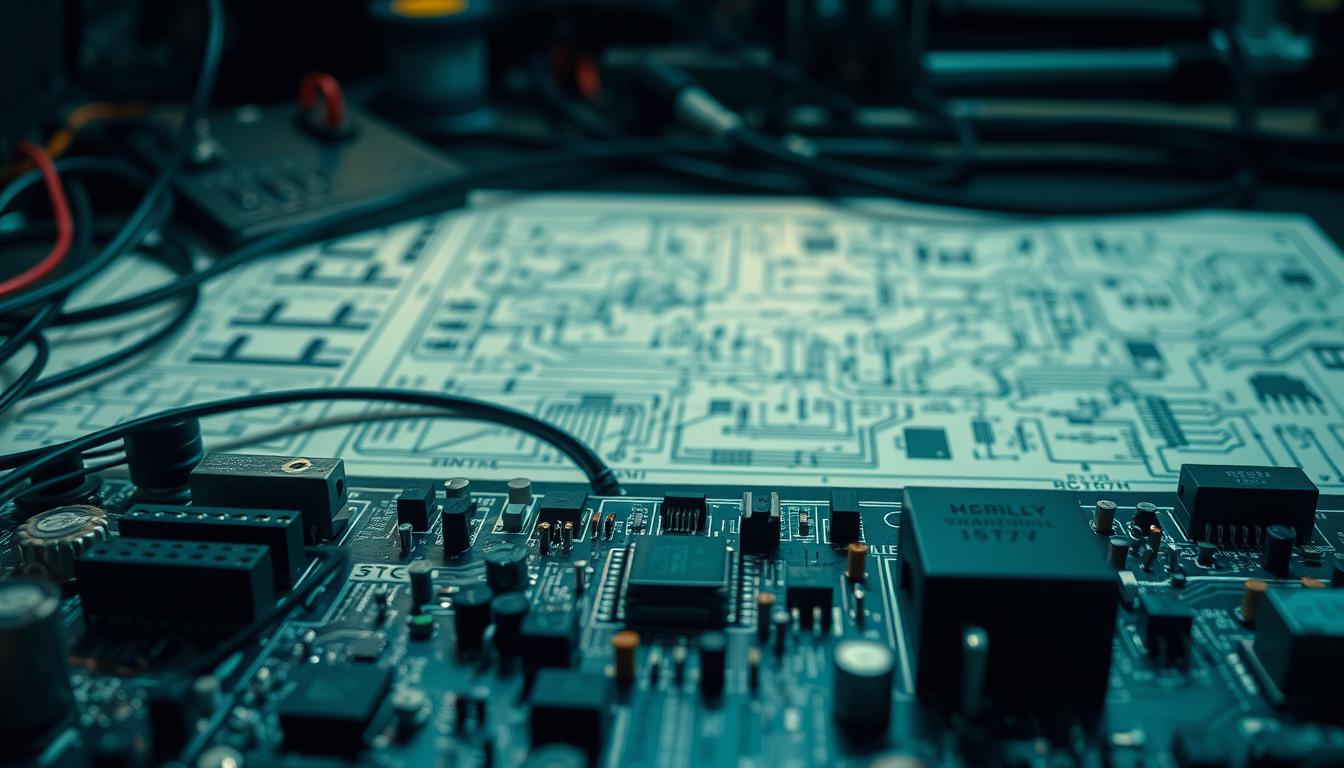 A technical illustration of entities in electrical engineering, showcasing a series of interconnected electronic components, circuits, and systems. The composition features a well-lit, detailed foreground with various circuit boards, transistors, resistors, and other electronic parts, arranged in a visually engaging and informative layout. The middle ground presents a schematic diagram or technical blueprint, providing context and technical details. The background subtly suggests the broader field of electrical engineering, perhaps with subtle references to power grids, electrical diagrams, or industrial settings. The overall mood is one of precision, complexity, and scientific rigor, captured through the use of a polarized filter and sharp focus, as if shot on a Sony A7R IV with a 70mm lens.