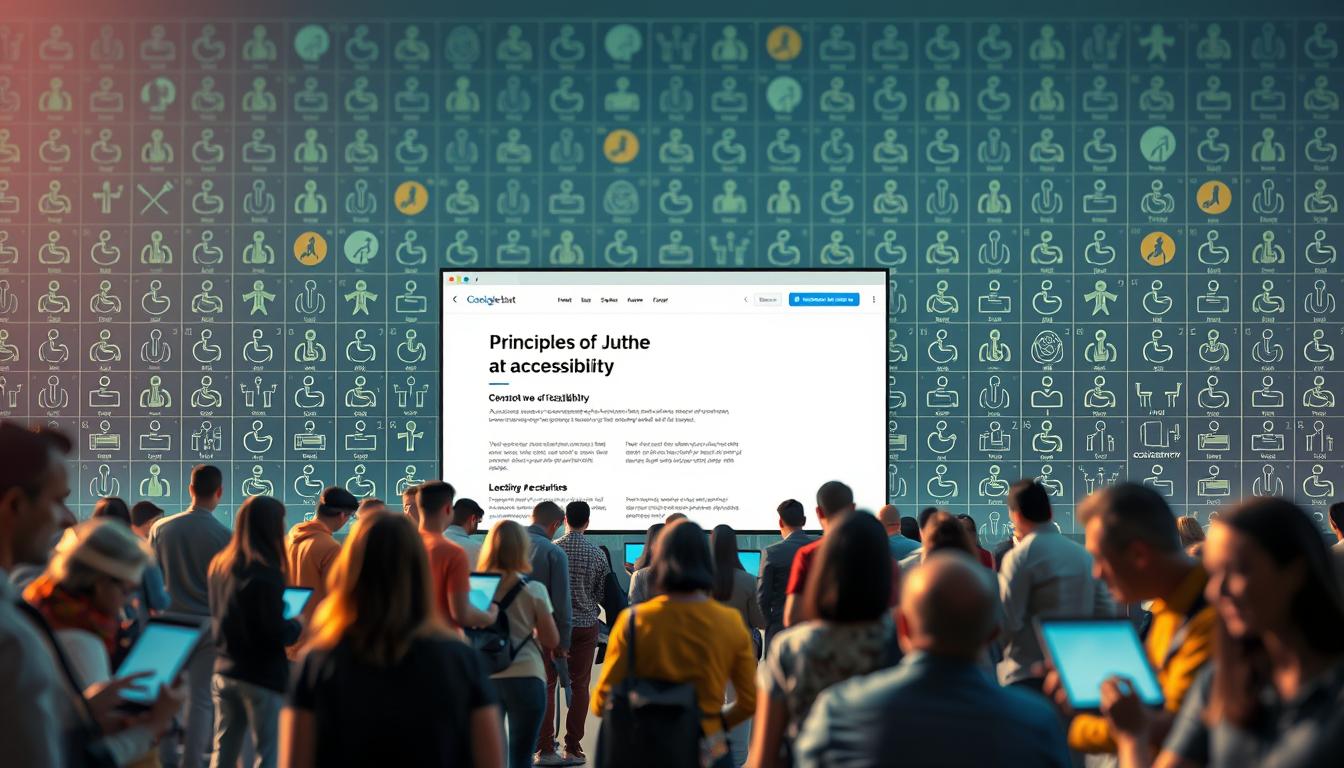 A vibrant digital landscape showcasing the principles of web accessibility. In the foreground, a diverse group of individuals interact seamlessly with a variety of digital devices, highlighting the importance of inclusive web design. The middle ground features a serene, minimalist website interface, with clear contrast, intuitive navigation, and prominent alt text descriptions. In the background, a matrix of accessibility icons and symbols underscores the comprehensive nature of barrier-free internet experiences. Shot on a Sony A7R IV with a 70mm lens, the scene is captured with sharp focus and a polarized filter, conveying a sense of clarity and emphasis on the crucial role of alt text in enabling digital accessibility.