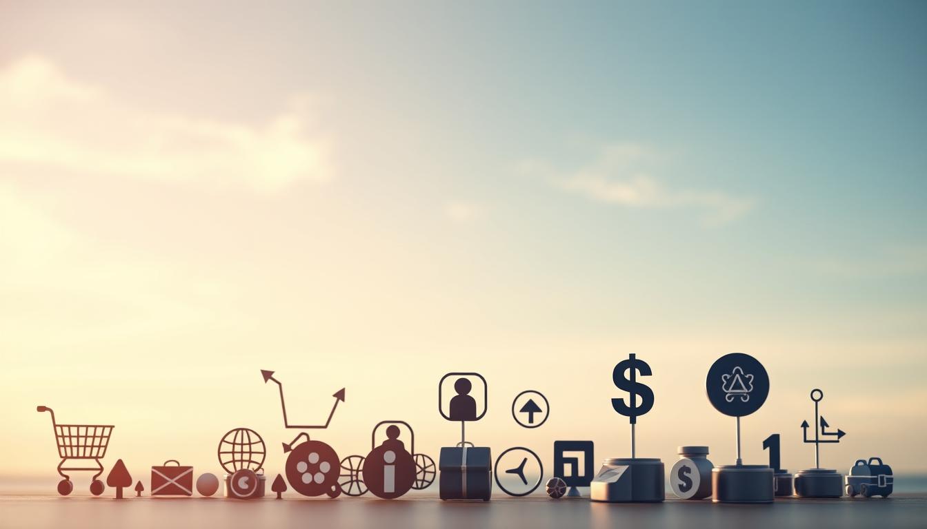 A diverse array of affiliate marketing strategies, each represented by distinct icons, set against a sleek, minimalist backdrop. In the foreground, a cluster of symbols - a shopping cart, an arrow, a dollar sign - symbolize the various commission-based models. In the middle ground, a network of interconnected nodes depicts the interconnected nature of affiliate partnerships. In the background, a soft, gradient-filled sky sets a professional, polished tone. Captured with a Sony A7R IV, 70mm lens, and polarized filter for crisp, vivid detail.