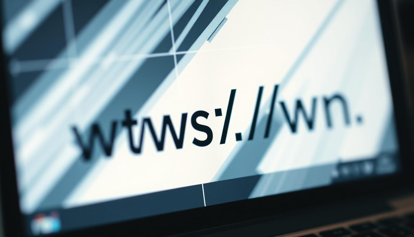 A sleek, modern website with a dynamic URL displayed prominently on the screen. The URL showcases a clean, minimalist design with bold typography that immediately catches the eye. The background features a soft, blurred grid of lines and shapes, conveying a sense of technological sophistication. The image is sharply focused, with a polarized filter that enhances the contrast and highlights the URL's visual impact. The overall atmosphere is one of efficiency, professionalism, and the importance of a well-designed web presence in today's digital landscape.