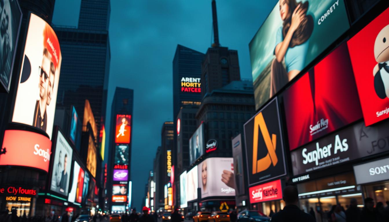 A sprawling outdoor advertisement landscape, illuminated by vibrant, high-definition video screens casting a mesmerizing glow. Towering billboards and large-format digital displays seamlessly integrated into the urban environment, capturing the attention of passersby. Dramatic contrasts of light and shadow create an engaging, visually captivating scene. The scene is captured with a Sony A7R IV camera, using a 70mm lens and a polarized filter, resulting in a sharply defined, focused image that showcases the technical sophistication and visual impact of modern outdoor advertising mediums.