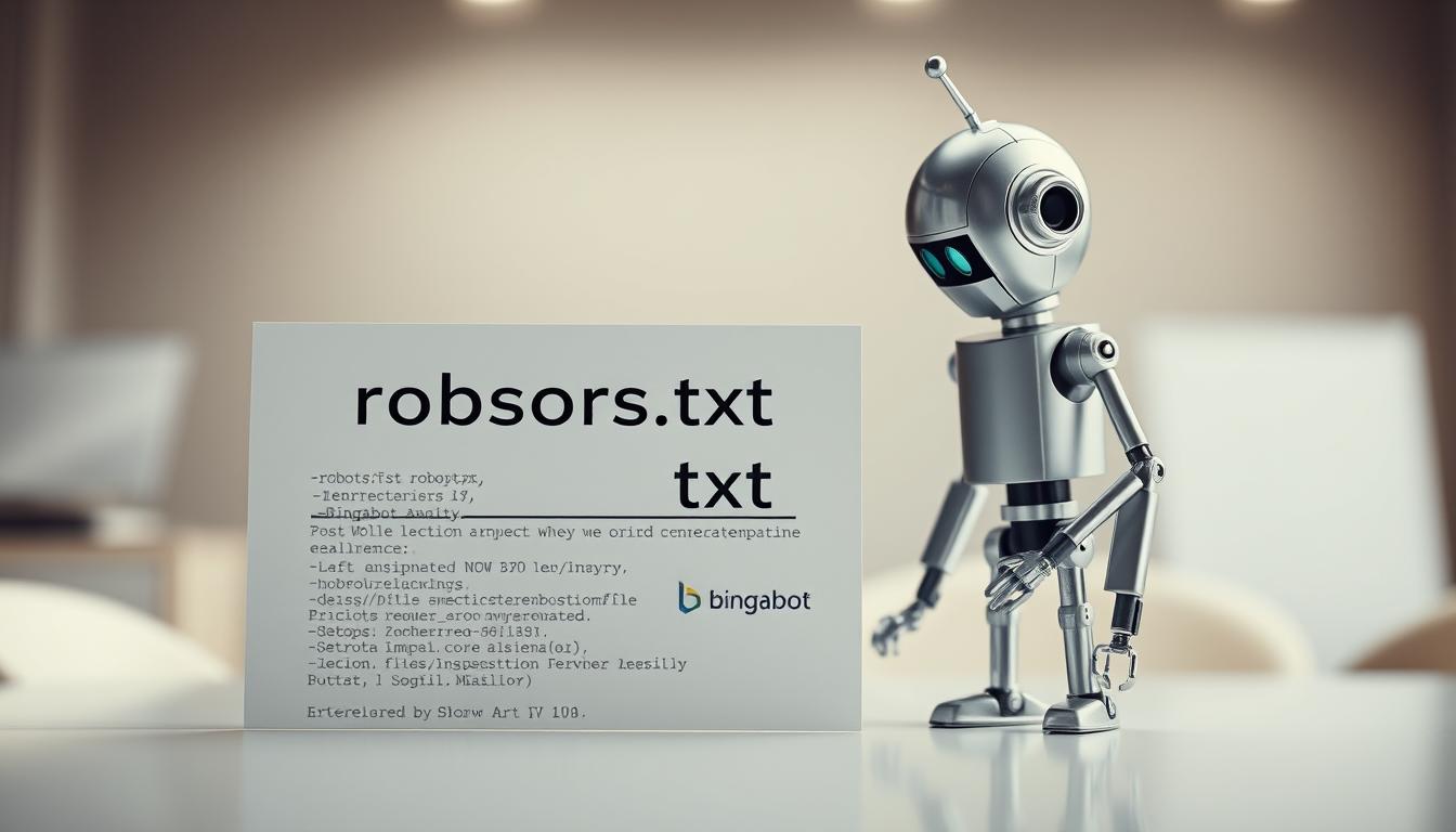 A highly detailed and realistic image of a robots.txt file being accessed by the Bingbot web crawler, shot on a Sony A7R IV camera with a 70mm lens and a polarized filter. The robots.txt file is displayed prominently in the foreground, its text and structure clearly visible, with the Bingbot agent represented by a sleek, metallic robot figure examining the file closely. The background is a softly-lit, minimalist office setting, conveying a sense of professional and technical precision. The overall mood is one of controlled, technical exploration, reflecting the careful management of website access by search engine bots.