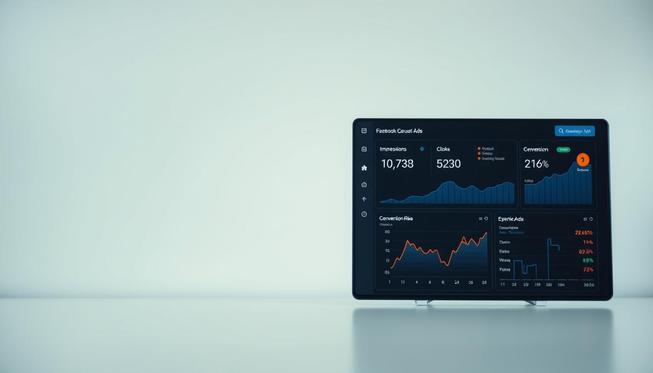 A professional photo of a digital dashboard displaying various metrics and analytics related to the performance of Facebook Carousel Ads. The dashboard is set against a clean, minimalist background with a subtle gradient. The UI elements are clearly visible, offering detailed insights into impressions, clicks, conversion rates, and other key performance indicators. The image is shot on a Sony A7R IV with a 70mm lens, utilizing a polarized filter to capture the screen with clarity and vibrant colors. The overall mood is one of precision, efficiency, and data-driven decision making.