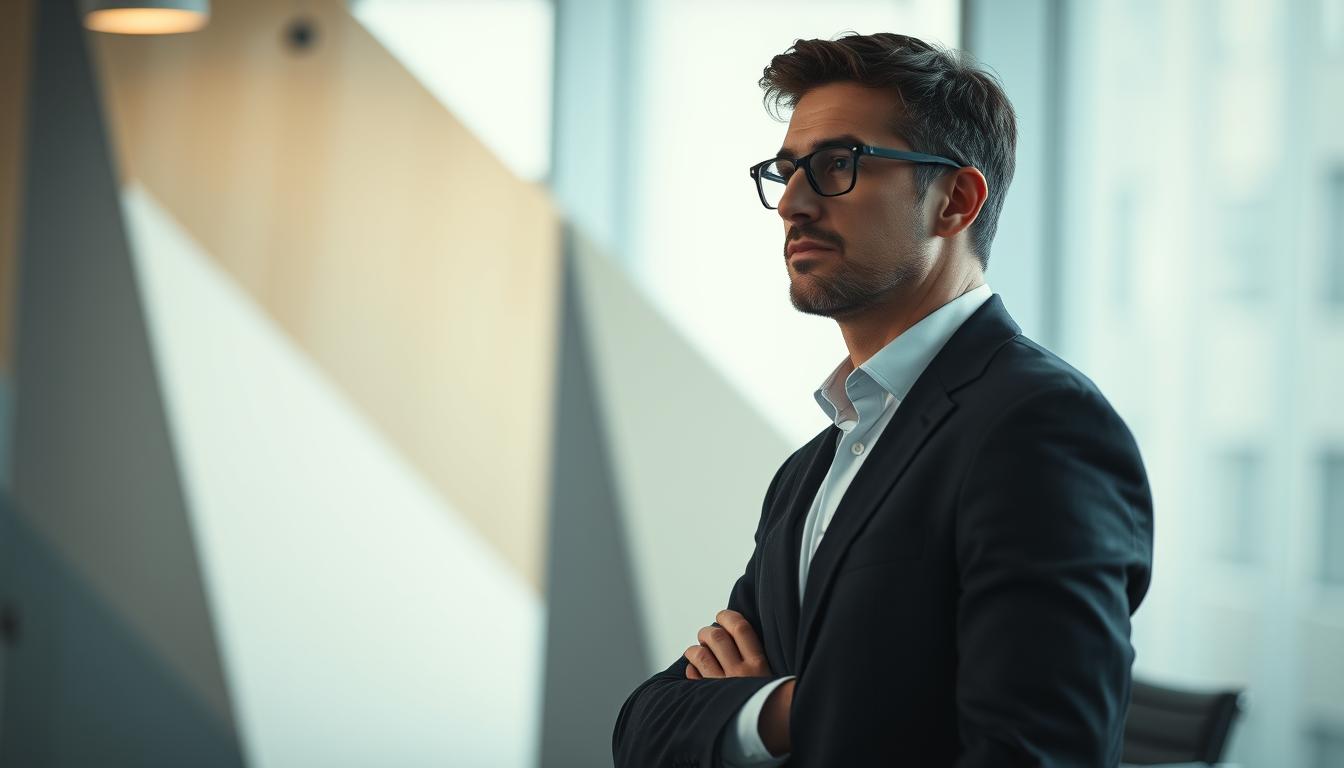 A professional businessman standing in a modern office, contemplating personalized B2B strategies. Soft, diffused lighting highlights his thoughtful expression. The background blurs into an abstract landscape of geometric shapes and subtle textures, symbolizing the complex, data-driven world of B2B personalization. Shot on a Sony A7R IV with a 70mm lens, the image is sharply defined with a polarized filter to enhance depth and clarity. The overall mood is one of focused contemplation, reflecting the nuanced challenges and opportunities of tailoring B2B solutions.