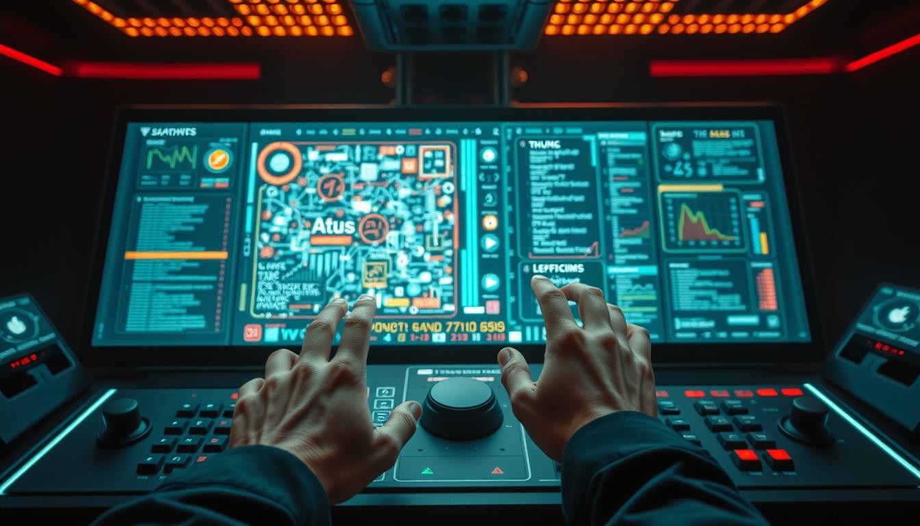 A sleek, futuristic control panel with a central display screen showcasing a tangle of social media algorithms, colorful data visualizations, and complex code. In the foreground, a pair of hands interacts with the panel, manipulating the algorithms. The background is a dimly lit, high-tech environment with subtle lighting and a sense of mystery. The entire scene is captured with a crisp, high-resolution Sony A7R IV camera, using a 70mm lens and a polarized filter to create a sense of depth and clarity.