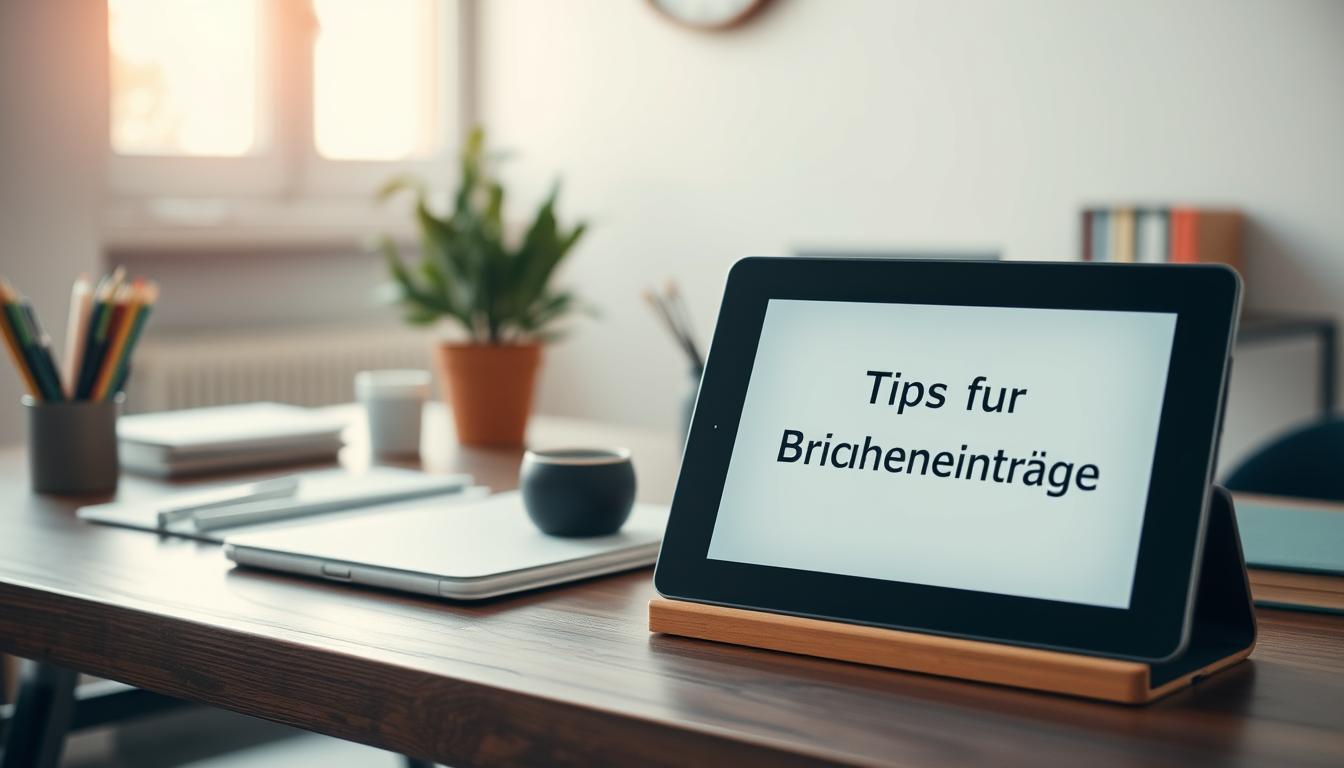 A well-organized office setting with a wooden desk, laptop, stationery, and a potted plant. In the foreground, a tablet displays the title "Tipps für Branchenbucheinträge" against a clean, minimal background. Soft, diffused lighting from a window to the left casts a warm glow, creating a professional and inviting atmosphere. The scene is captured with a Sony A7R IV 70mm lens, using a polarized filter to enhance contrast and clarity. The focus is sharp, and the overall composition is balanced and visually appealing.
