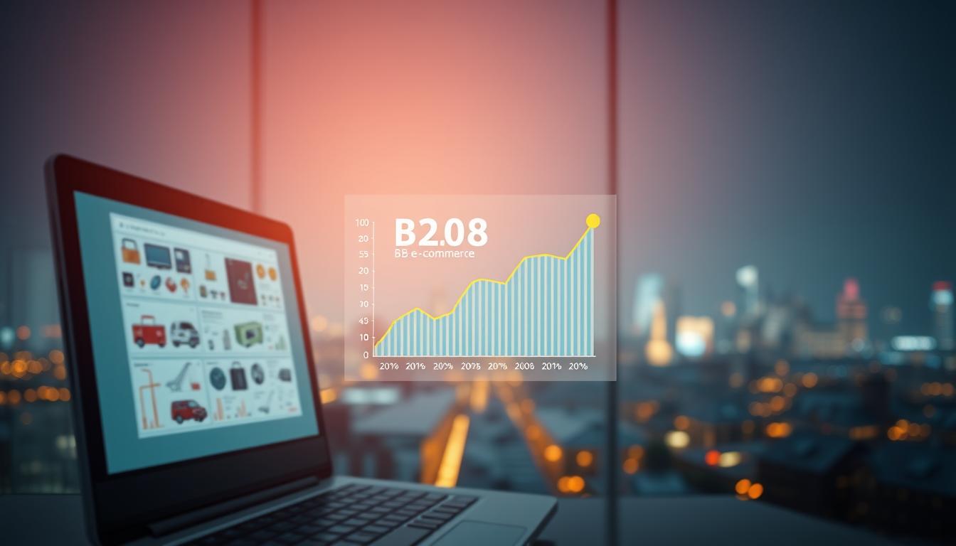 Shot on a Sony A7R IV camera with a 70mm lens, a polarized filter, and clear focus, a visually striking scene of B2B e-commerce growth unfolds. In the foreground, a sleek, minimalist web interface showcases a range of products and services, reflecting the seamless digital experience of modern B2B transactions. The middle ground features a trio of data visualizations, each a vibrant, high-resolution depiction of the exponential rise in B2B e-commerce adoption and revenue. The background subtly fades into a softly-lit cityscape, symbolizing the global scale and interconnectivity of the B2B digital landscape. The overall image conveys a sense of innovation, efficiency, and the transformative power of B2B e-commerce.