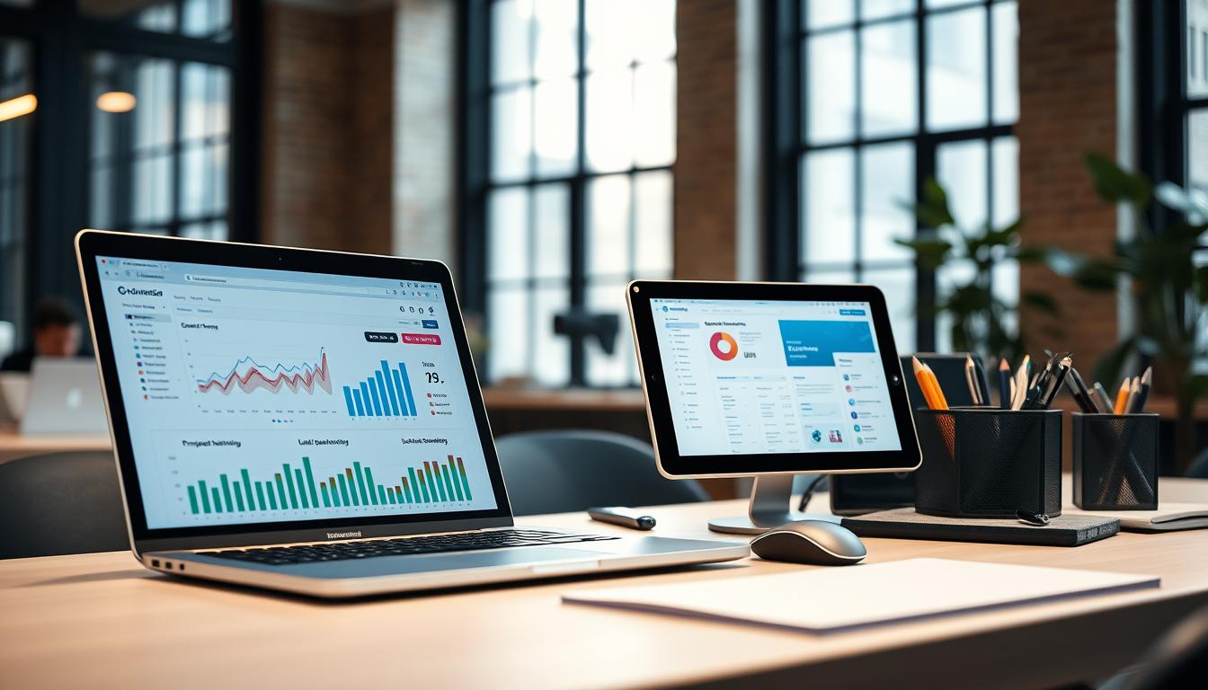 A modern, sleek office setup featuring an array of conversion funnel tools. In the foreground, a user's laptop displays a well-designed conversion funnel dashboard, its graphs and metrics reflecting the user's marketing strategies. Beside it, a tablet showcases a lead generation tool, its intuitive interface guiding the user through prospect nurturing. In the middle ground, a desk organizer holds various productivity accessories, including a branded mousepad and a pen holder. The background features floor-to-ceiling windows, allowing natural light to flood the space and creating a sense of openness and productivity. The overall scene conveys a professional, tech-savvy atmosphere conducive to optimizing conversion funnel performance.