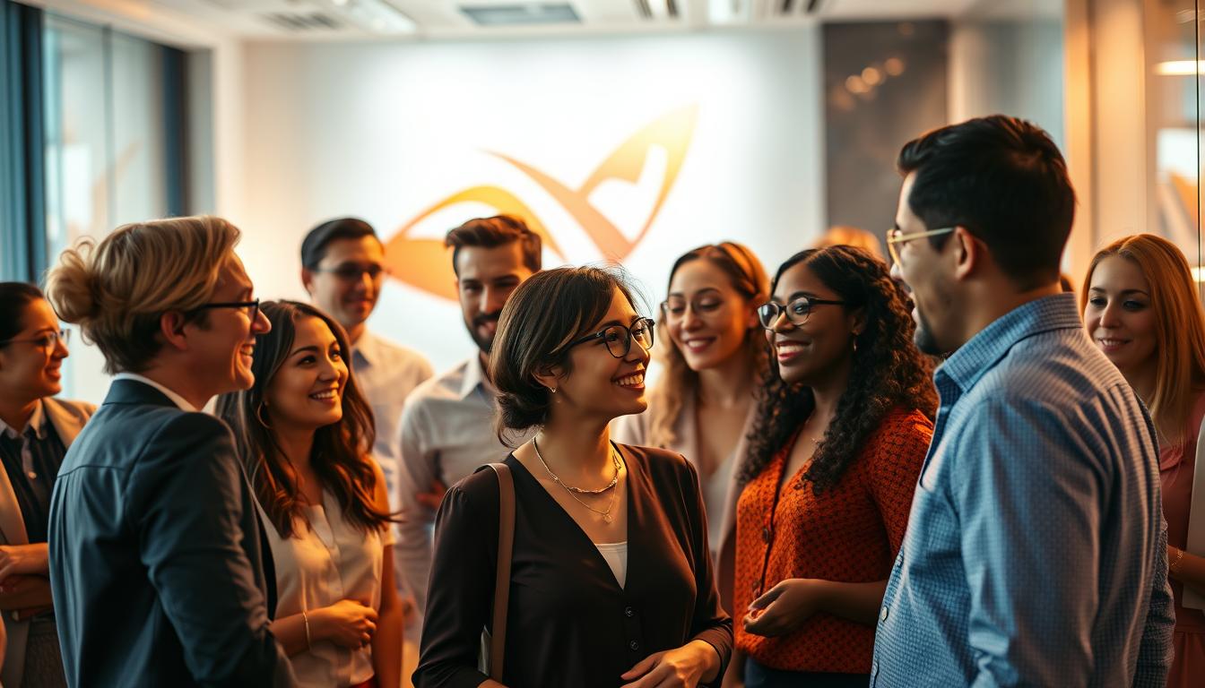 A vibrant and dynamic scene showcasing the power of affinity marketing strategies. In the foreground, a group of diverse individuals engaged in lively conversation, their expressions conveying a sense of connection and shared purpose. In the middle ground, a sleek and modern corporate office setting, with clean lines and minimalist decor. The background features a bold, abstract graphic design element, symbolizing the innovative and forward-thinking nature of the affinity marketing approach. Warm, directional lighting casts a soft glow, creating a sense of energy and optimism. Captured with a Sony A7R IV 70mm lens, the image is sharply defined and polarized, highlighting the clarity and focus of the affinity marketing strategies.